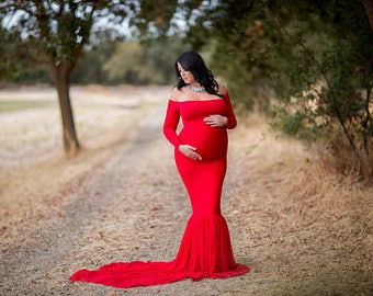 Maternity Dress for Baby Shower - Long Sleeve Maternity Dress for Photo Shoot - Long Maternity Gown - Mermaid Style Maternity Dress-ELLA