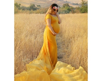 Maternity Gown for Baby Shower, Photo Shoot, Wedding-Mustard Yellow Maternity Dress-Maternity Photography-Long Fitted Dress-CHANTAL DRESS