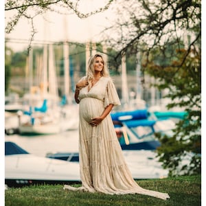 Bohemian Maternity Dress with Flutter Sleeve-Boho Lace Maternity Gown for Baby Shower, Photo Shoot and Wedding-Boudoir Dress-BRIA Gown