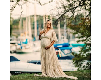 Bohemian Maternity Dress with Flutter Sleeve-Boho Lace Maternity Gown for Baby Shower, Photo Shoot and Wedding-Boudoir Dress-BRIA Gown