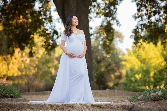 W2007 (2), White Maternity Shoot Baby Shower Trail Gown, Size (All) – Style  Icon www.dressrent.in