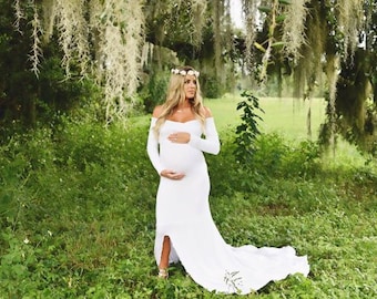 Baby Shower Dress-Long Sleeves Maternity Dress for Photo Shoot-Maternity Wedding Dress-White Wedding Dress-Plus Size Maternity Gown-ROSA