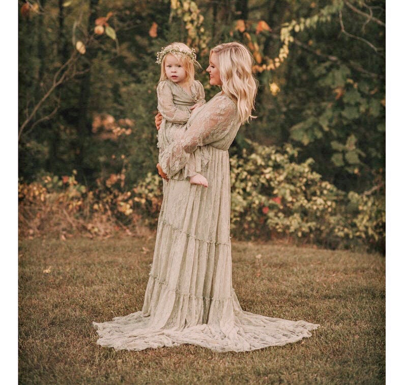 Mommy and Me Dresses-Lace Boho Dress for Photo Shoot-Maternity Dress Long Sleeves for Baby Shower-Wedding Dress Bohemian Style-BRIANA 