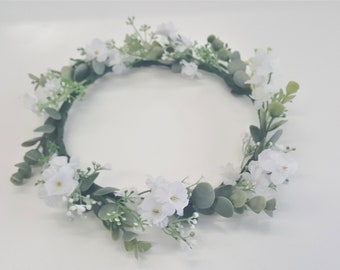 Flower Girl Crown White-Baby's Breath Flower Crown-Wedding Flower Crown-Baby's Breath Bridesmaid Flower Crown-Eucalyptus Flower Crown White