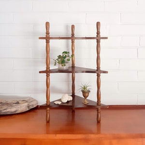 Vintage small corner wooden shelf - Mini wall display 3 shelves boho decor