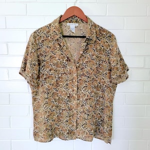 Vintage leopard print floral shirt 100% silk - Anna and Frank - Summer short sleeves women's size large