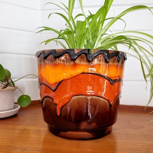 May include: A ceramic plant pot with a layered design in shades of brown, orange, and black. The pot is filled with a green plant with long, slender leaves. The pot sits on a wooden surface.