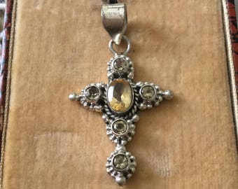 Vintage Sublime CITRINE STERLING CROSS Pendant- Sterling silver- Natural Stone Citrine- Unique Design- Vintage from France