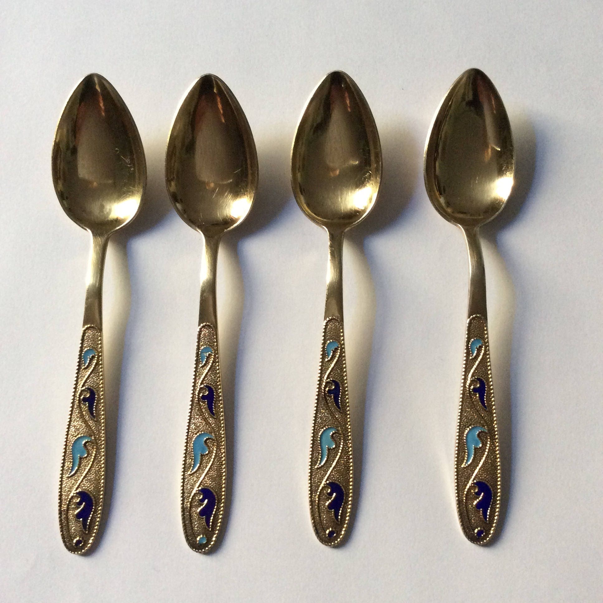 Art Deco Vintage 4 Spoons Vermeil Enamel - Sterling Silver- Beautiful Hand Made- Genuine Blue Enamel