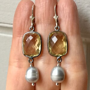 TAHITIAN Gray Pearl Natural CITRINE Sterling Great Earrings- Gorgeous Citrine-Sterling silver- Baroque Gray Pearl - Vintage from France