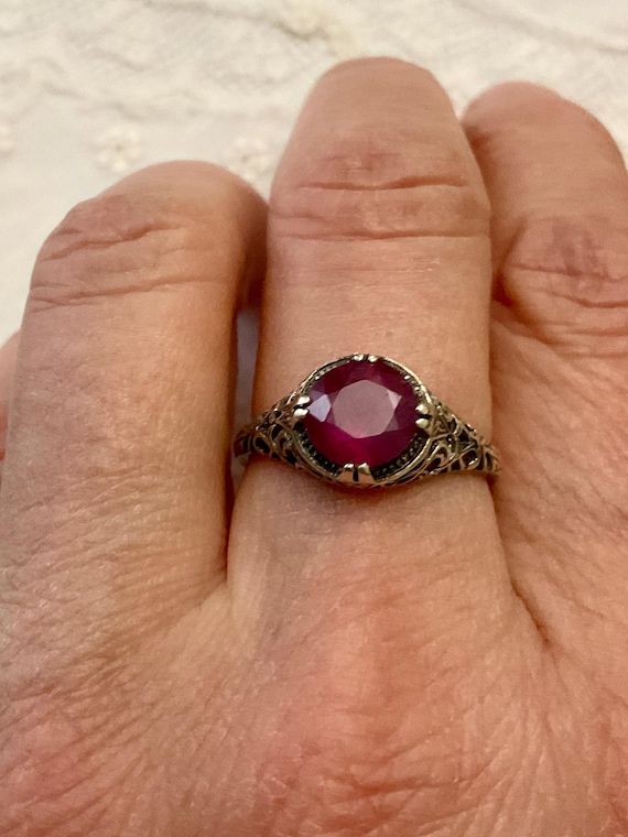 VICTORIAN Nice RUBY STERLING Ring - Fine Carved D… - image 2