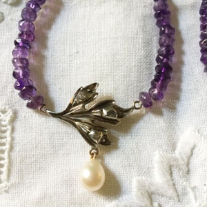 Antik AMETHYST Genuine DIAMOND PEARL Gold /Silver Necklace- Stunning carved pendant- Old cut Diamond- baroque pearl- from France