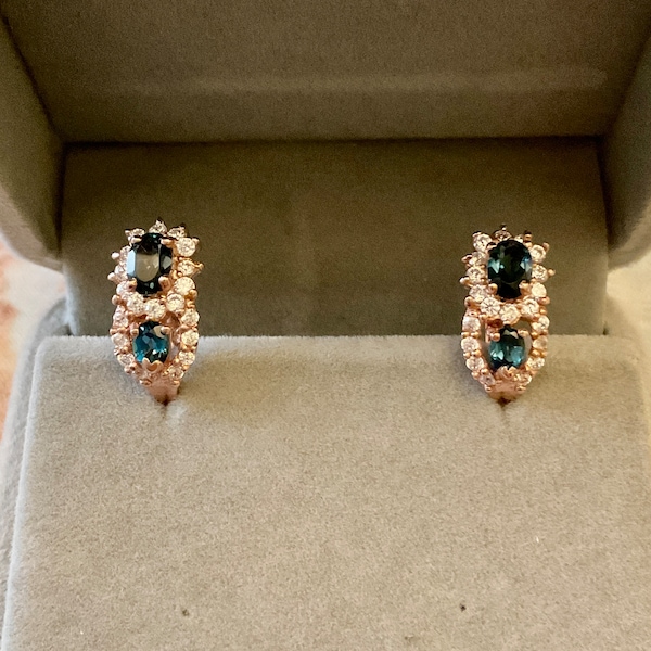 LONDON TOPAZ Blue 14K Rose Gold / Sterling Earrings- Sublime Vintage Jewelry-  Genuine Stone - Elegant design- From France