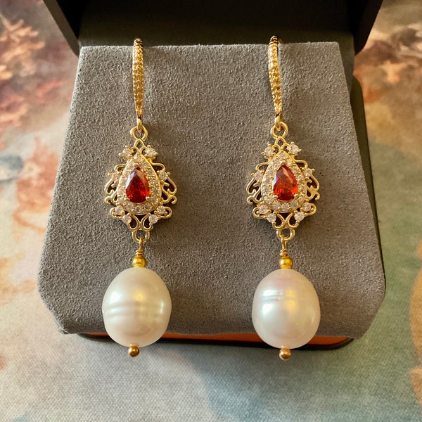 VICTORIAN SPARKLY Red Stone GORGEOUS Pearl  Gold Plated Vintage Earrings- Stunning Vintage Jewel- Genuine Pearl From France