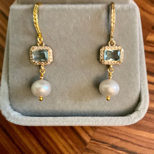 BLUE TOPAZ GENUINE Grey  Pearl Gold Plated  Vintage Earrings- Victorian Design- Briolette - Nice Natural Pearl - from France