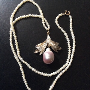 French EXCEPTIONAL ANTIQUE NECKLACE- Seed Pearl- Old cut Diamonds- 18K Gold & Silver- Pink Baroque Pearl- Antique from France
