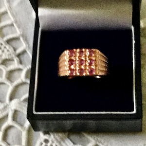 Natural RUBY VERMEIL Rose Gold Sterling Vintage TANK Ring- 14K Rose Gold on Sterling- Natural Nice Ruby- Elegant Design from France