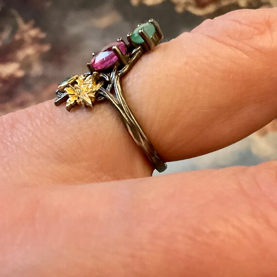 RUBY EMERALD GOLD & Sterling Ring- Uniqie Designe… - image 9