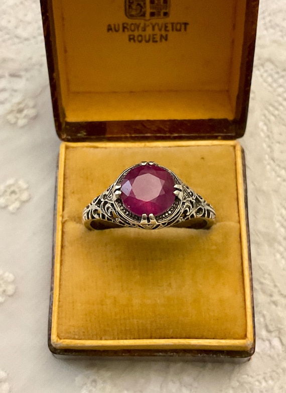 VICTORIAN Nice RUBY STERLING Ring - Fine Carved D… - image 1