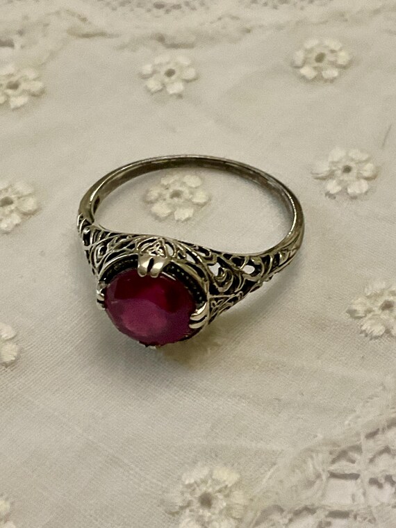 VICTORIAN Nice RUBY STERLING Ring - Fine Carved D… - image 6