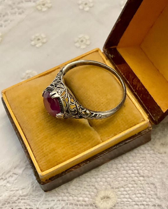 VICTORIAN Nice RUBY STERLING Ring - Fine Carved D… - image 3