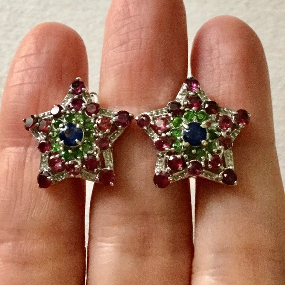 SAPPHIRE GARNET Peridot Gold/Sterling Vintage Ear… - image 1