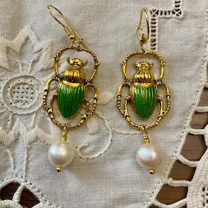 PEARL ENAMEL SCARAB Vintage Gold plated Earrings- Great Riche Decor- Vintage Gold Plated Jewelry - Genuine Pearl - from France