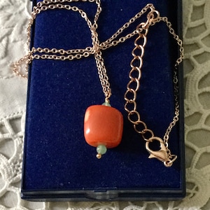CORAL JADE Rose GOLD Plated Vintage Pendant Necklace- Elegant Original Design Jewel- Lovely Coral- Green Jade-Vintage Necklace from France