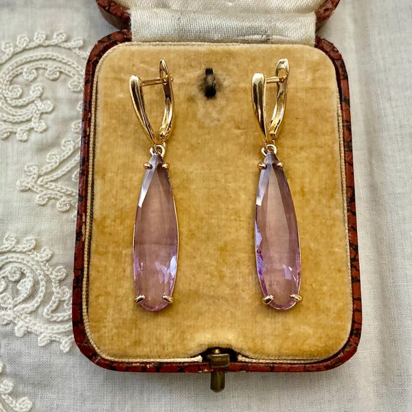 Long Drop Amethyst Gold Plated Vintage Earrings - Luxury Elegant Design - Sparkly Purple Stone - Vintage Jewelry from France
