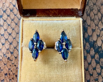 BLUE SAPPHIRE Gold Plated Vintage Earrings- Sparkly blue Stones- Elegant Vintage Design- from France