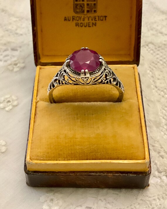 VICTORIAN Nice RUBY STERLING Ring - Fine Carved D… - image 7