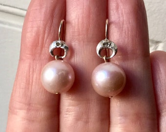 French ANTIQUE DIAMOND PEARL Gold Earrings- Authentique old cut Diamond- Gold & Silver- Beautiful great Pearl- Diamond  Jewel from France