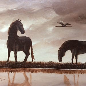 French Vintage ART DECO FRANCE Artist original Painting Famous Horses of Camargue South of France Signed Oil Painting from France image 2