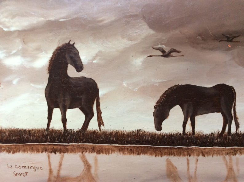 French Vintage ART DECO FRANCE Artist original Painting Famous Horses of Camargue South of France Signed Oil Painting from France image 2