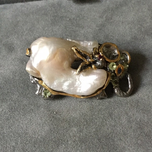 Exceptional ELEPHANT Great Baroque PEARL Vintage Unique Brooch- Genuine  Peridot , Sapphire blue & Orange- Huge Pearl- Unique french Design