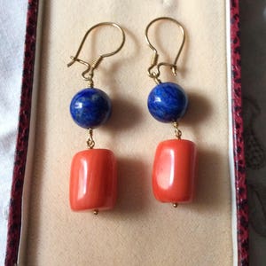 Sterling CORAL Lapis VINTAGE Earrings- sterling silver-Coral, Genuine Lapis- Vintage Design - from France