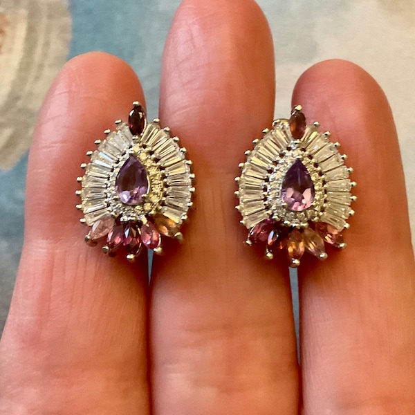 AMETHYST PINK TOURMALINE Baguette Sparkly White Topaz White  Gold/  Sterling- Luxury Earrings - Vintage Jewelry-from France