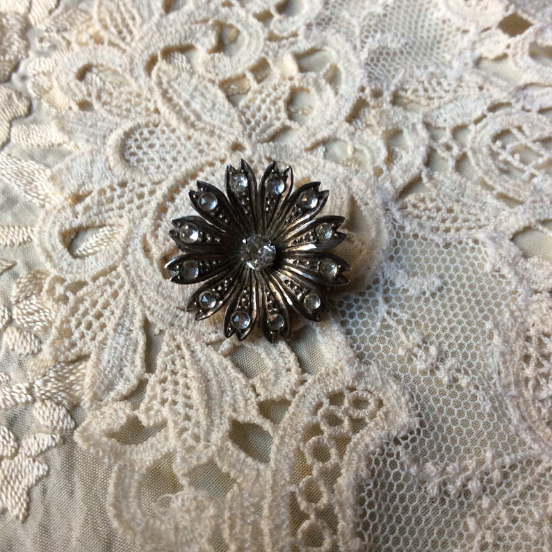 Nice antique jewelry Rose gold White stone ANTIQUE XIX STERLING Gold Brooch Authentic Antique brooch Silver from France