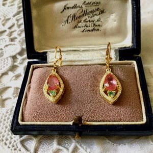 GREAT RUBY EMERALD 14K Gold & Sterling Vintage Earrings- Luxury Vermeil  Ruby Earrings - Fleur de lis- Vintage from France
