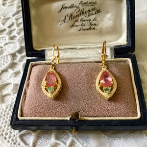 Vintage GREAT RUBY EMERALD 14K Gold & Sterling Earrings- Luxury Vermeil Ruby Earrings - Fleur de lis- Vintage from France