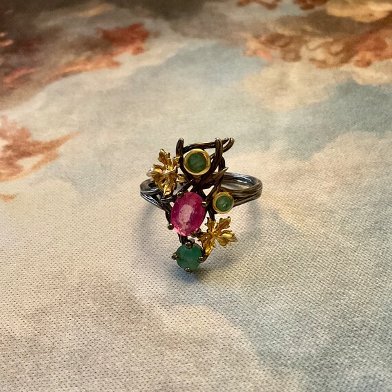 RUBY EMERALD GOLD & Sterling Ring- Uniqie Designe… - image 8