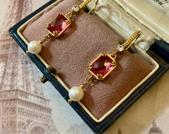 RUBY GENUINE PEARL Gold Plated Vintage Earrings - Splendid Victorian Design- Sparkly Red Stone- Luxury Vintage from France