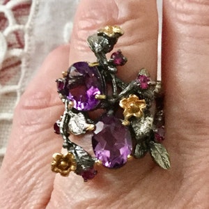 AMETHYST GARNET Sterling Design V8ntage Ring- Unique Vintage Design Jewelry - Splendid Authentic Stones - Great Vintage From France