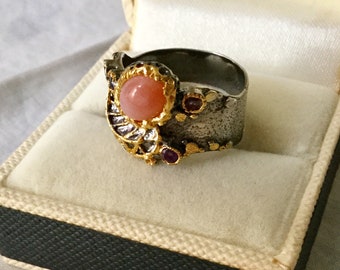 MODERNIST Pink OPAL Sterling Vintage Ring- Sublime amethyst, Gold & Sterling silver -LuxuryJewelry -from France