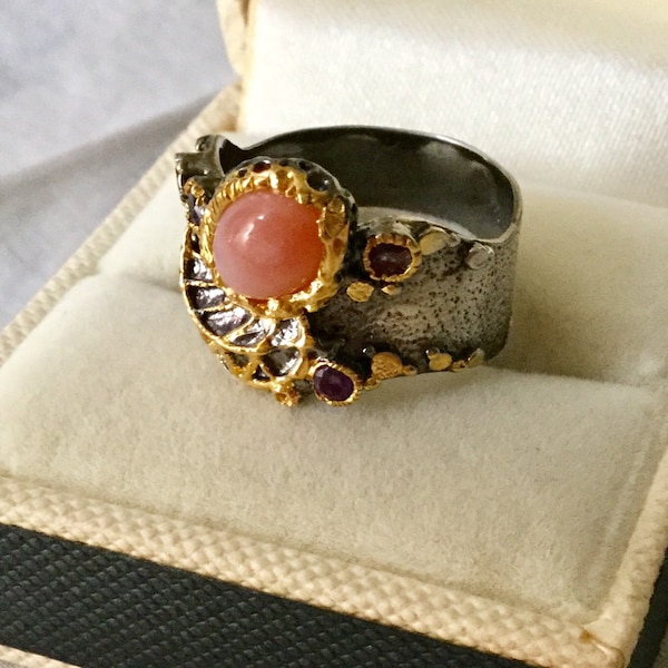 MODERNIST Pink OPAL  Sterling Vintage Ring- Sublime amethyst, Gold & Sterling silver -LuxuryJewelry -from France