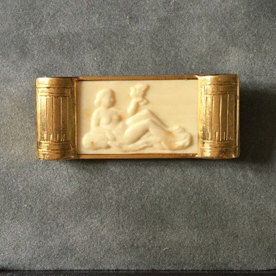 c1930 France ART DECO Carved BAKELITE Gold Plated… - image 1