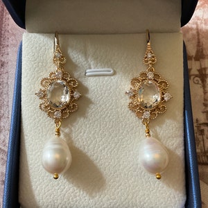 VICTORIAN GENUINE Pearl Crystal Gold Plated Vintage Earrings- Stunning Vintage Jewel-Sparkly Stone- Genuine Pearl From France