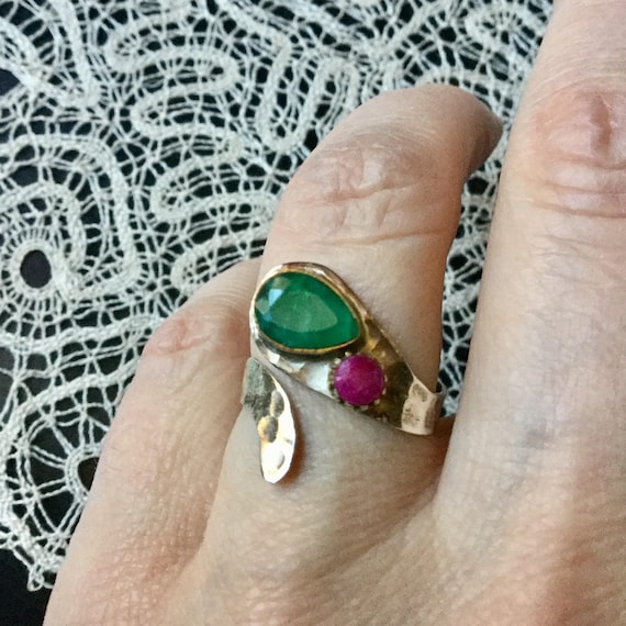 SNAKE Genuine EMERALD RUBY Sterling Ring- Natural… - image 1