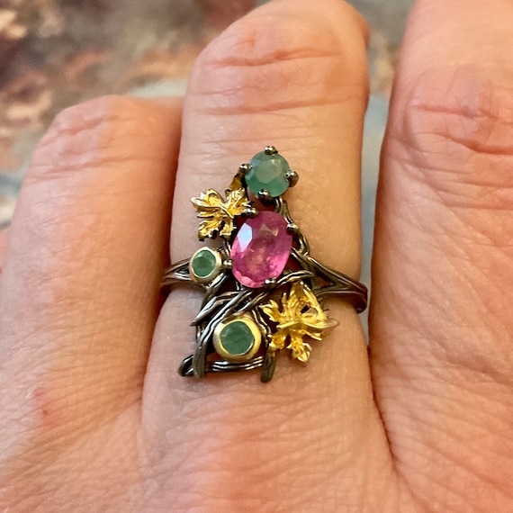 RUBY EMERALD GOLD & Sterling Ring- Uniqie Designe… - image 1