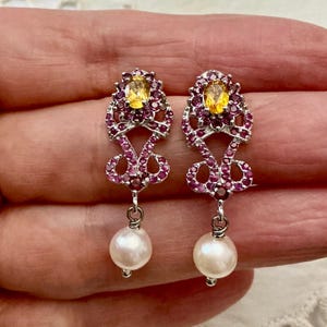 NATURAL RUBY Garnet  Pearl White GOLD/ Sterling Vintage Earrings- Vermeil Sterling Silver - Genuine Pearl- from French
